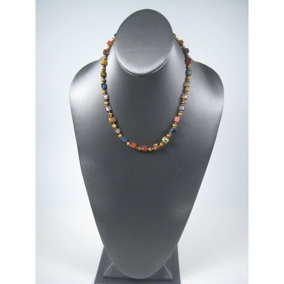 Scottish Speckle Glass Beaded Necklace 18 In Beads FAUX Agate Goldtone - Picture 5 of 9